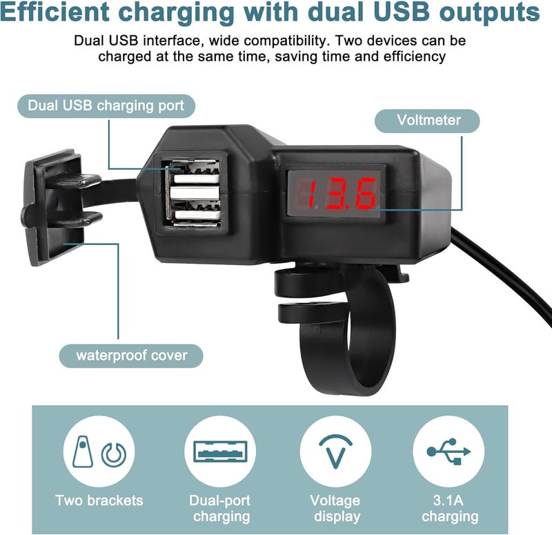XMSJSIY Motorcycle USB Charger 5V 3.1A Dual USB Phone Charger Adapter Kit Cable with Voltmeter、Waterproof and ON/Off Switch,Handlebar Mounting or Diameter Rearview Mirror Holder-1.4M/4.59FT - Image 3